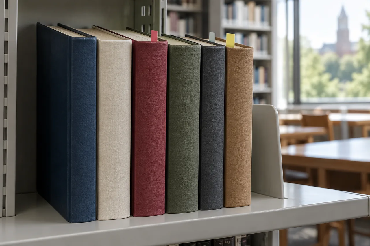 Книги с разноцветными закладками на полке для сравнения изданий