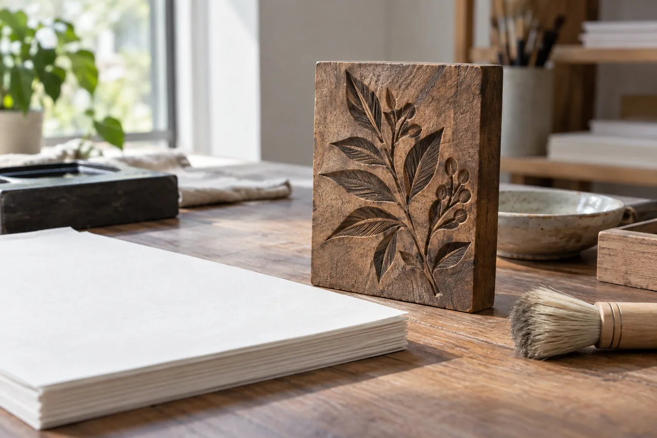 A wooden printing block beside paper and a brush, editorial illustration