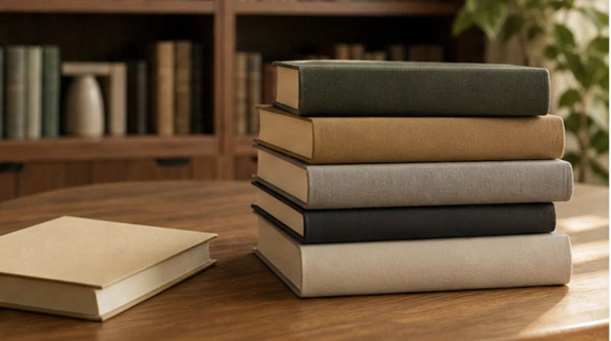 Книжная полка и стопка учебных книг в академическом кабинете