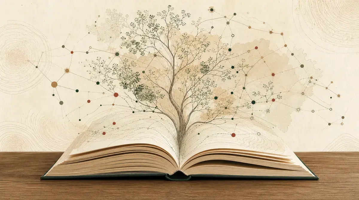 Иллюстрация книги, дерева и карты связей китайского языка