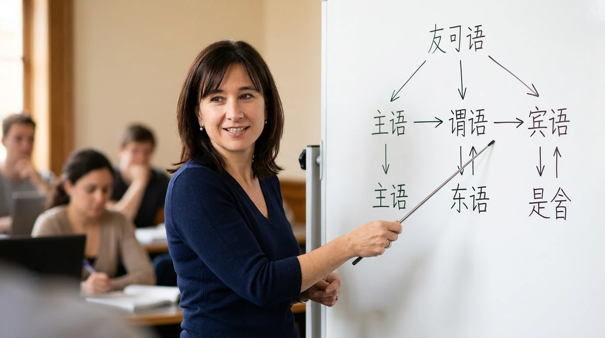 在白板前讲解汉语语法